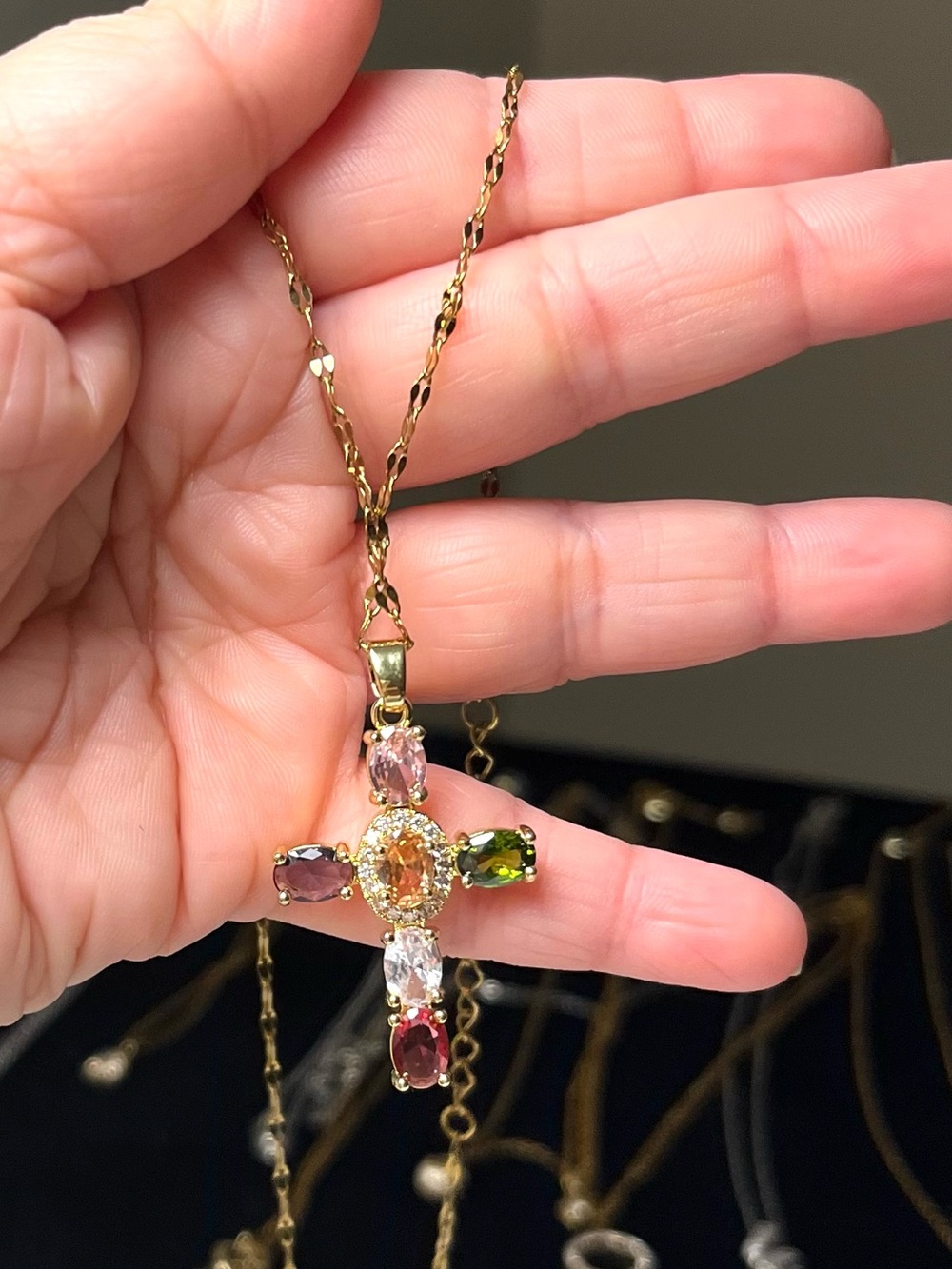 Gold Tone Multicolor Rhinestone Cross Necklace